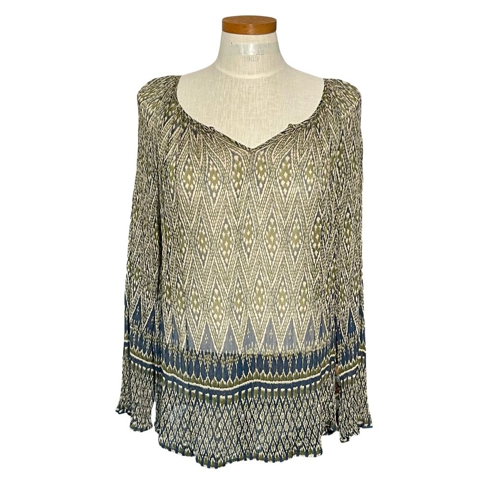 Lucky Brand Green Geometric Semi Sheer Slit Neck Ikat Peasant Blouse Top SzL